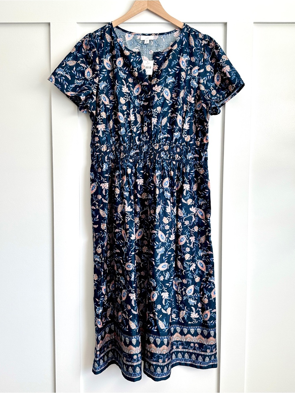 J.Jill Navy Floral Flutter Sleeve Midi Dress Large Petite 100% Cotton Pockets